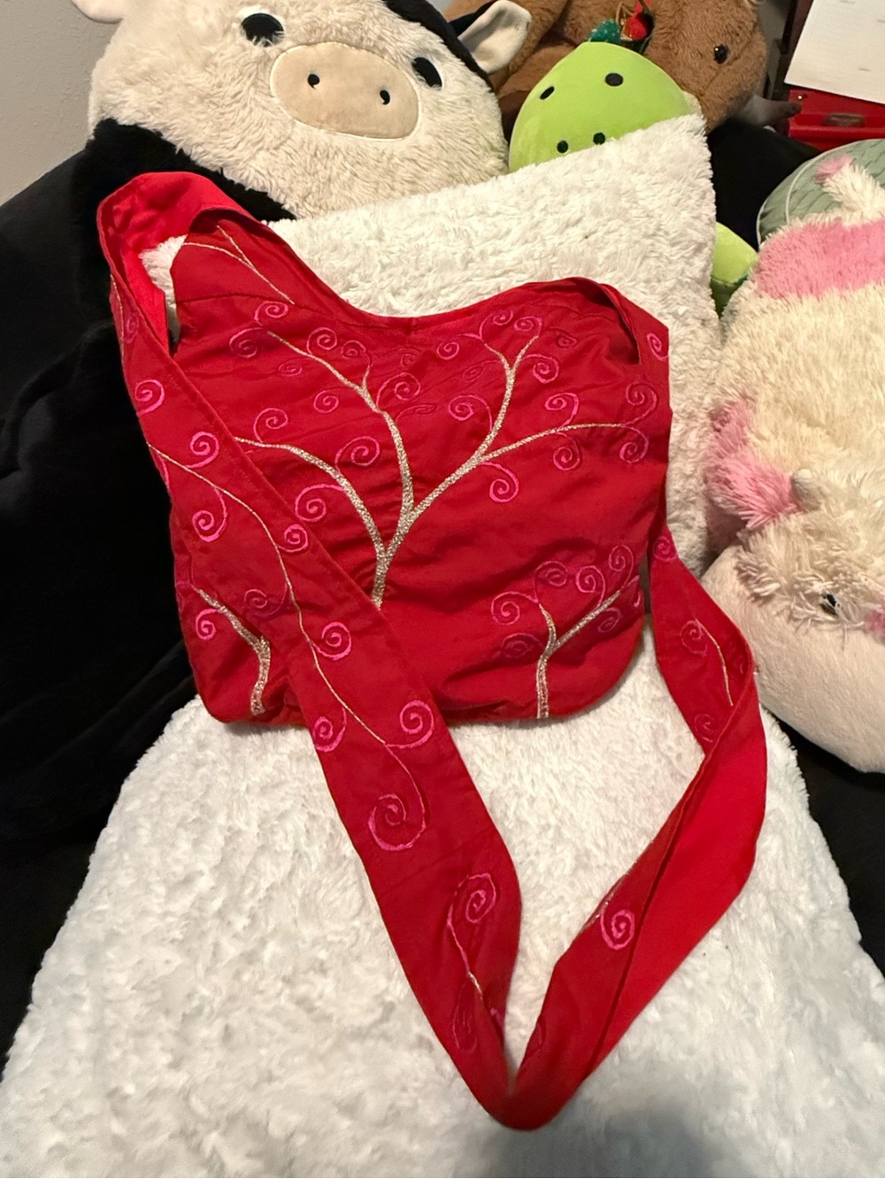 Red Embroidered Silk cross body bag